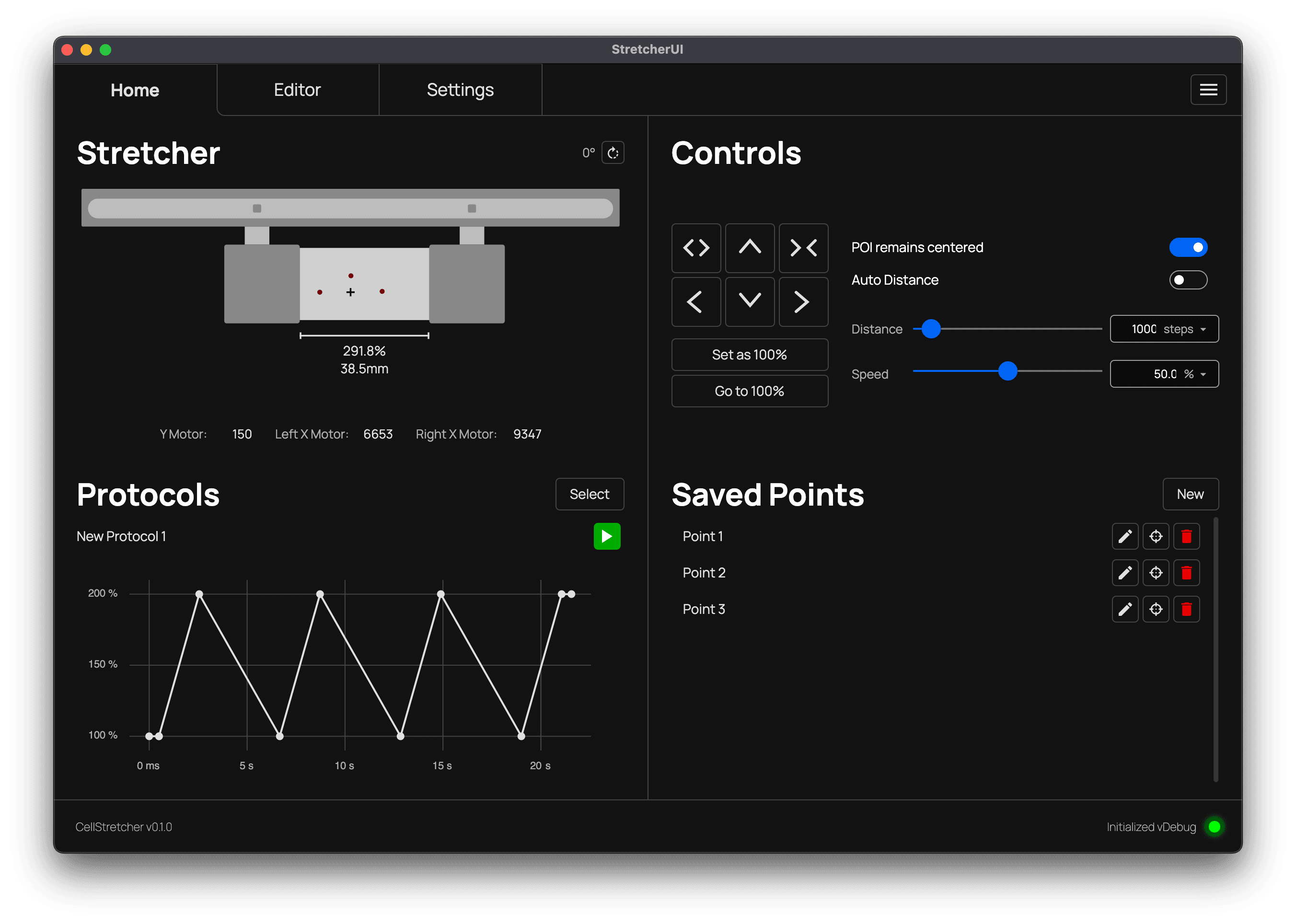 The Stretcher app showing the home tab with the device visualization, manual controls, a running protocol and saved points.